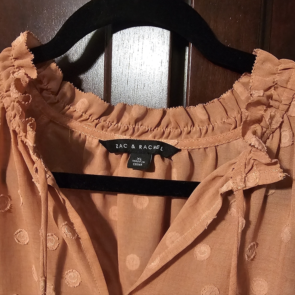 Rachel & Zoe XL Smocked Peplum Ruffled Swiss Dot Blouse Mandarin Collar NWOT - Picture 3 of 13